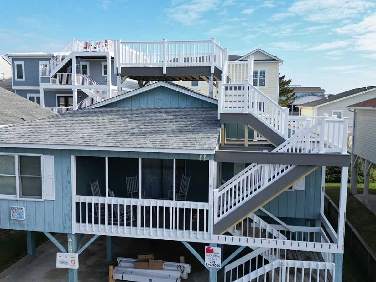 Elevated beach house deck with stairs