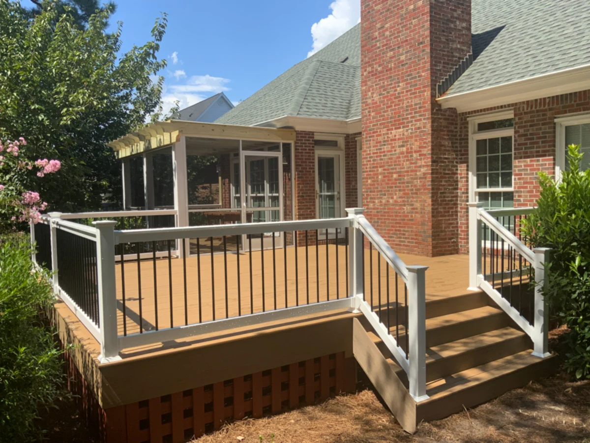 Elevated wood deck with railing