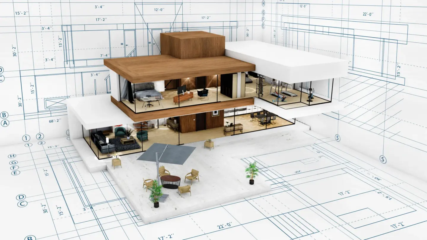 Stock 3d modern house cutaway over architectural blueprints showing interior spaces