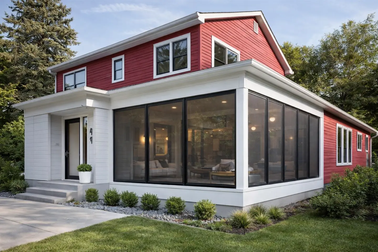 Stock red house with a porch enclosure
