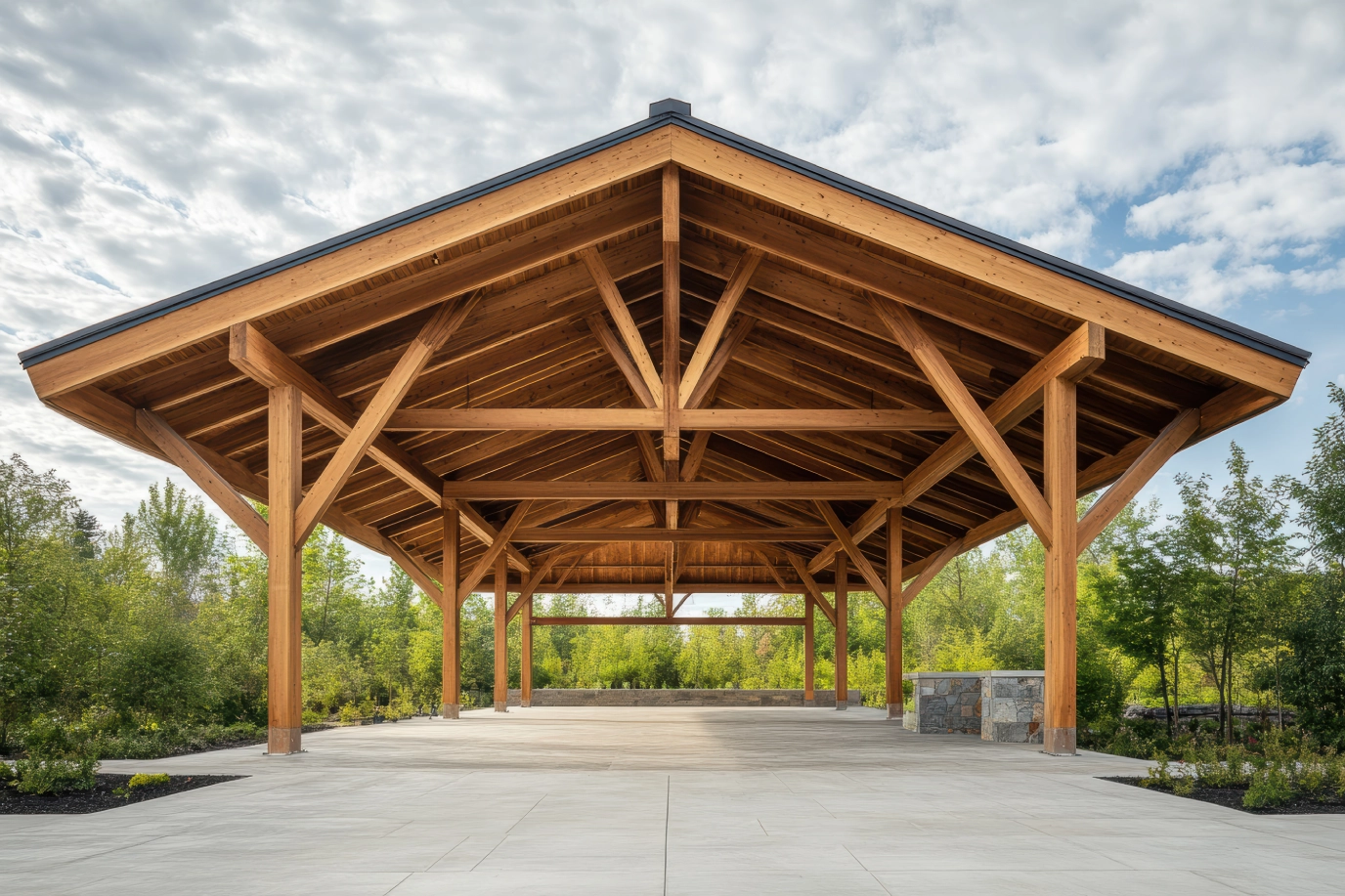 Stock wooden beams create striking structure open green space bright sky